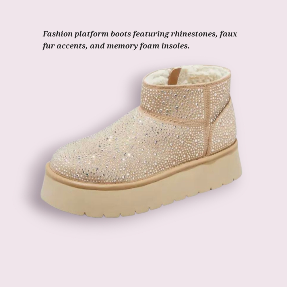 Rhinestone Faux Fur Platform Boots - Cream